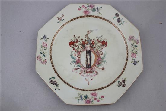 Two Chinese export armorial octagonal plates, 18th century, 23.5cm.